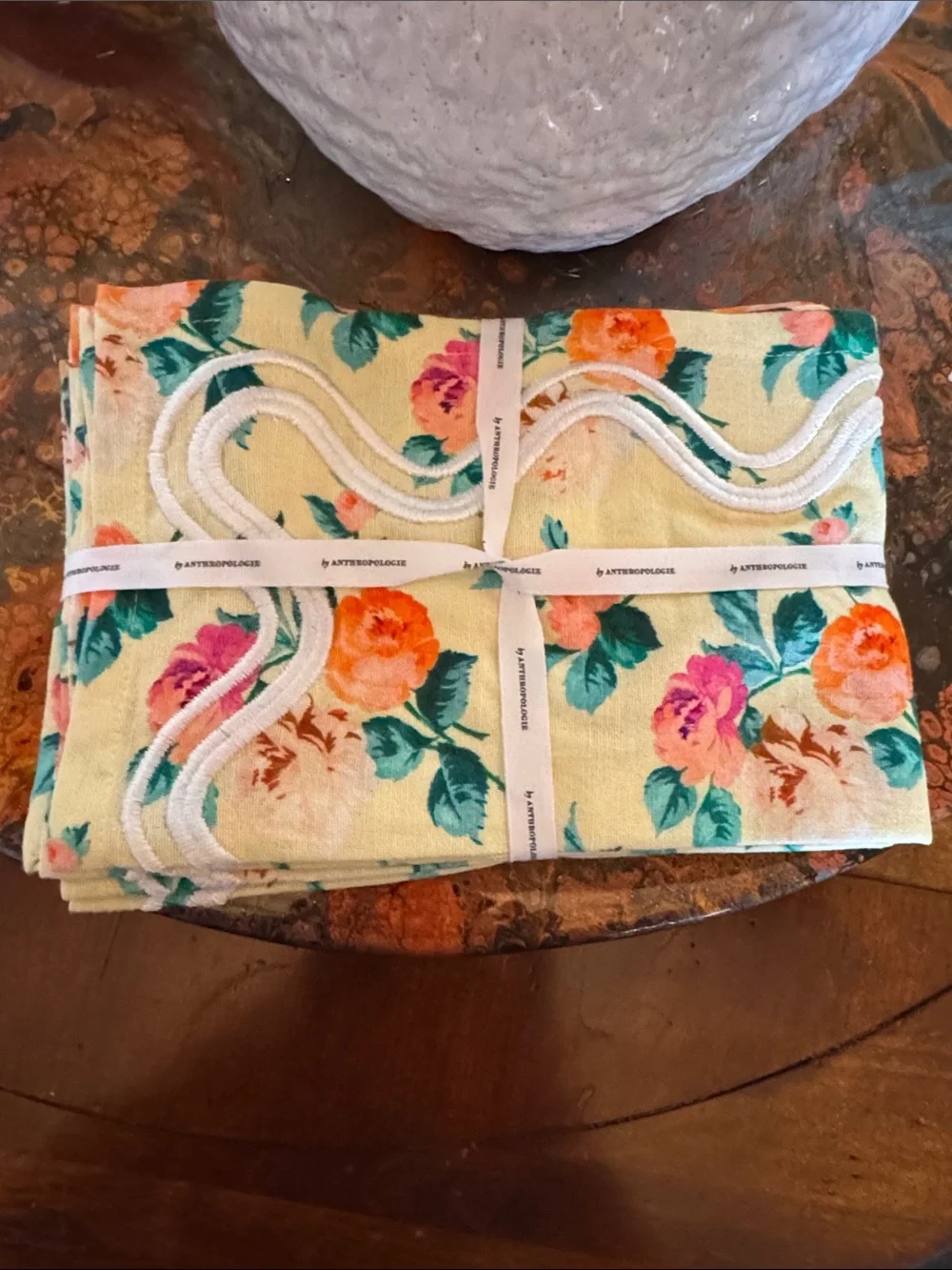 Anthropologie (2) Floral Cotton Napkin Set in Yellow with Pink and Orange Bloom